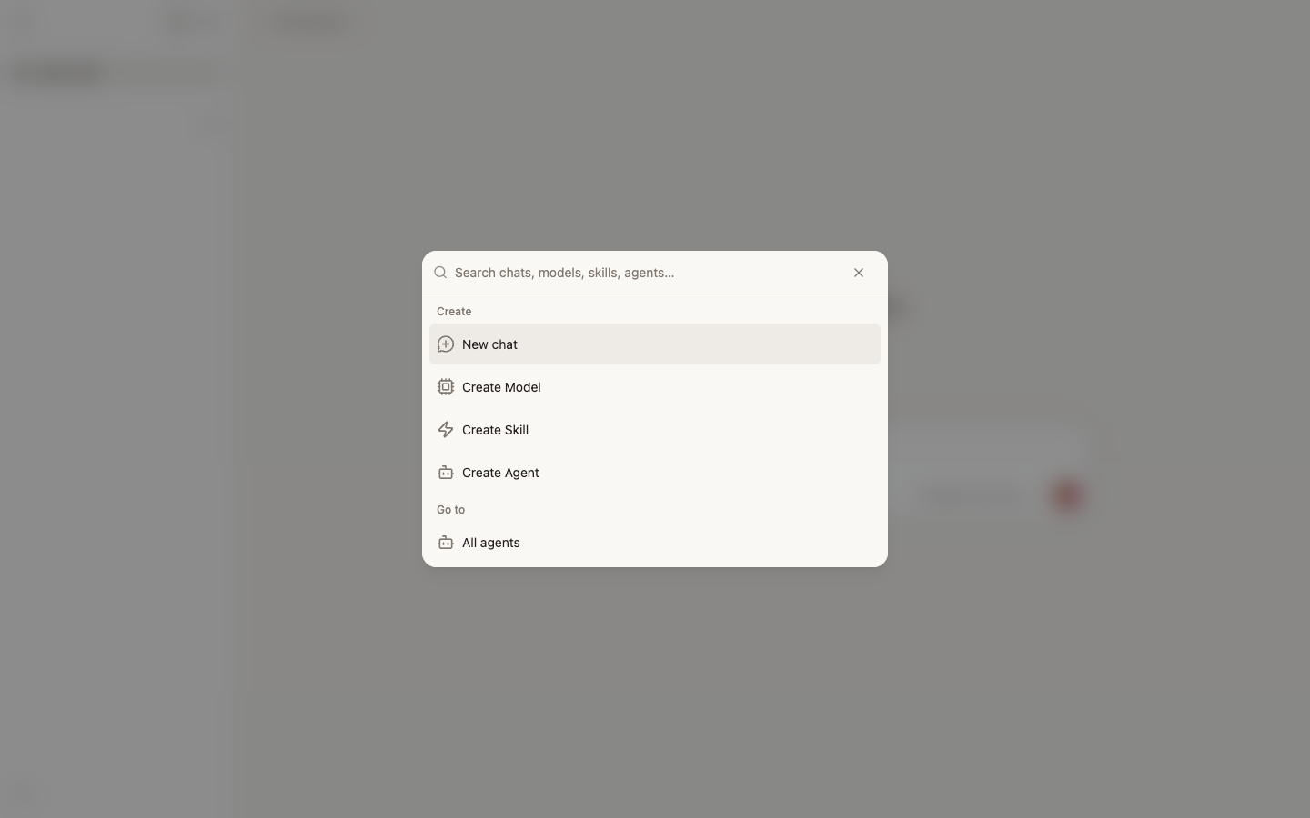 Thunderbolt search across chats, models, Skills, agents, and settings