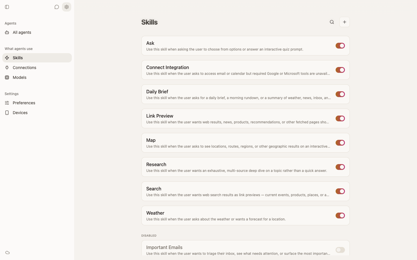Thunderbolt Skills settings showing reusable Ask, Map, Research, Search, and other Skills